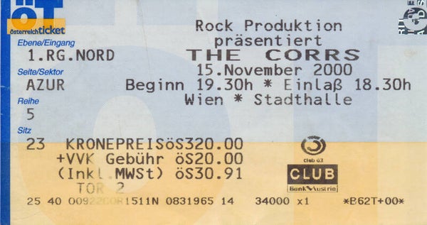 The Corrs - Stadthalle, Vienna, November 15, 2000 [Austria] - Ticket Stub