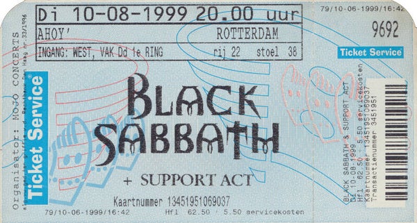 Black Sabbath - Ahoy', Rotterdam, August 10, 1999 [Holland] - Ticket Stub