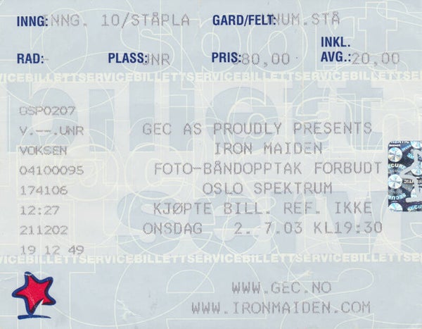 Iron Maiden - GEC. Spektrum, Oslo, July 2, 2003 [Norway] - Ticket Stub