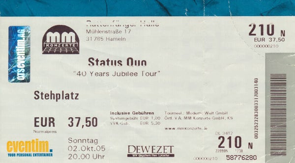 Status Quo - Rattenfänger Halle, Hameln, October 2, 2005 [Germany] - Ticket Stub