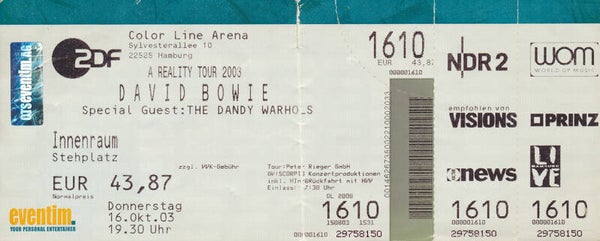 David Bowie - Color Line Arena, Hamburg, October 16, 2003 [Germany] - Ticket Stub