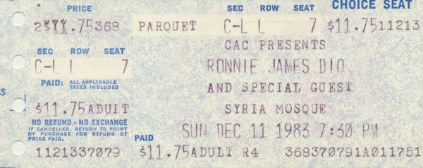 Ronnie James Dio - Syria Mosque, Pittsburgh, December 11, 1983 [UK] - Ticket Stub