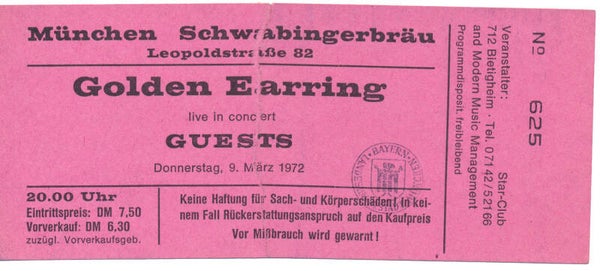 Golden Earring - Schwabingerhalle, Munich, March 9, 1972 [Germany] - Ticket Stub