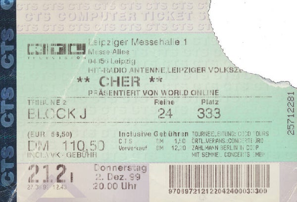 Cher - Messehalle, Leipzig. December 2, 1999 [Germany] - Ticket Stub