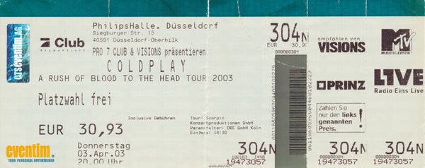 Coldplay - Philipshalle, Düsseldorf, April 3, 2003 [Germany] - Ticket Stub