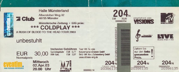 Coldplay - Halle Münsterland, Münster, April 2, 2003 [Germany] - Ticket Stub