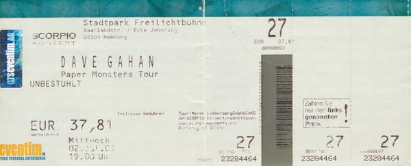 Dave Gahan (Depeche Mode) - Stadtpark Freilichtbühne, Hamburg, July 2, 2003 [Germany] - Ticket Stub