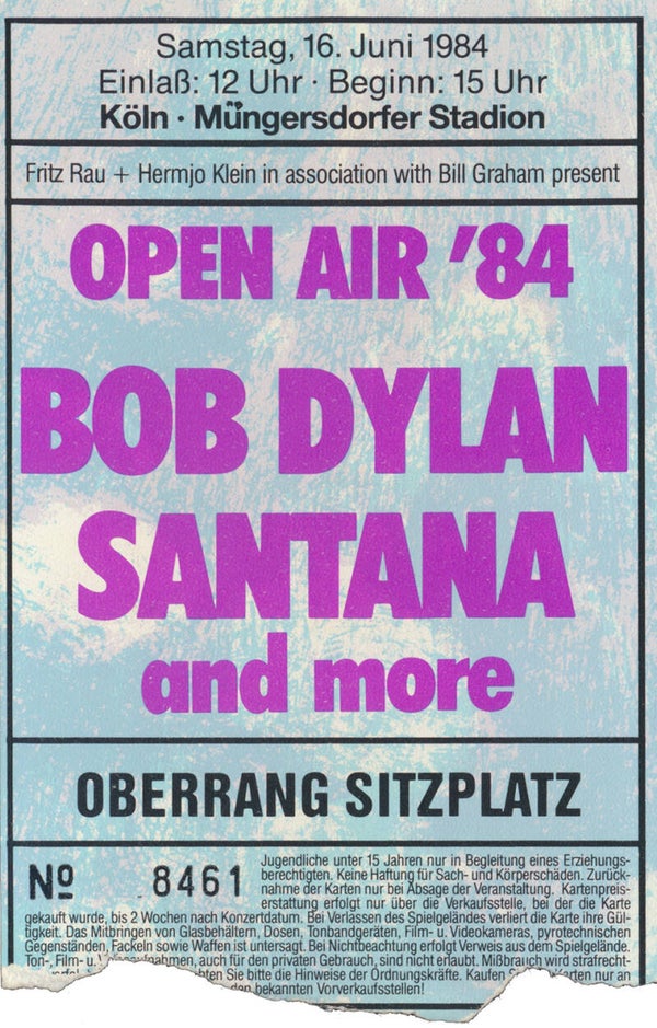 Bob Dylan - Santana - Müngersdorfer Stadion, Cologne, June 16, 1984 [Germany] - Ticket Stub