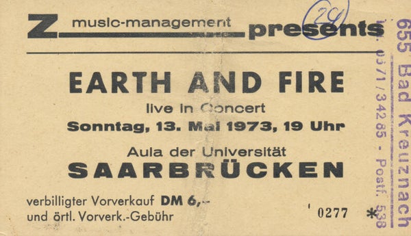 Earth and Fire - Aula der Universität, Saarbrücken, May 13, 1973 [Germany] - Ticket Stub