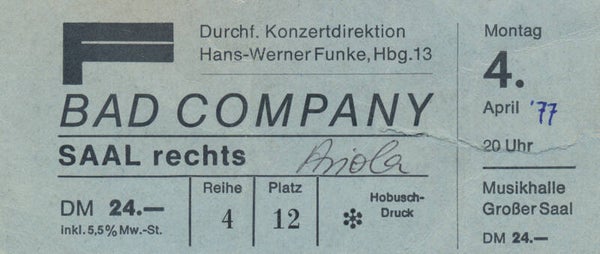 Bad Company - Musikhalle, Hamburg, April 4, 1977 [Germany] - Ticket Stub
