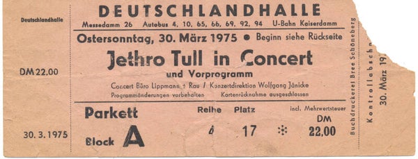 Jethro Tull - Deutschlandhalle, Berlin, March 30, 1975 [Germany] - Ticket Stub