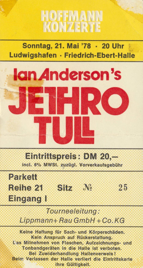 Jethro Tull - Friedrich-Ebert-Halle, Ludwigshafen, May 21, 1978 [Germany] - Ticket Stub