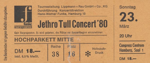 Jethro Tull - Congress Centrum, Hamburg, March 23, 1980 [Germany] - Ticket Stub