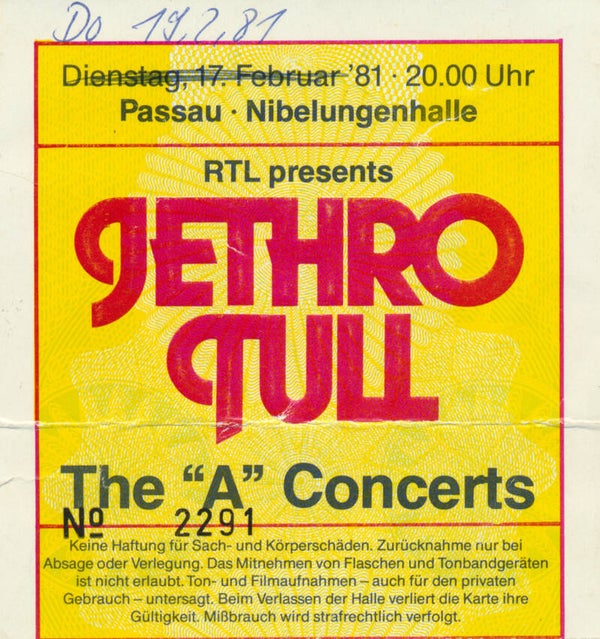 Jethro Tull - Nibelungenhalle, Passau, February 19, 1981 [Germany] - Ticket Stub