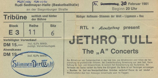 Jethro Tull - Rudi-Sedlmayer-Halle, Munich, February 20, 1981 [Germany] - Ticket Stub