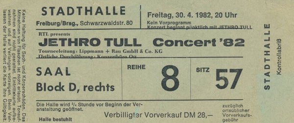 Jethro Tull - Stadthalle, Freiburg/Brag. April 30, 1982 [Germany] - Ticket Stub