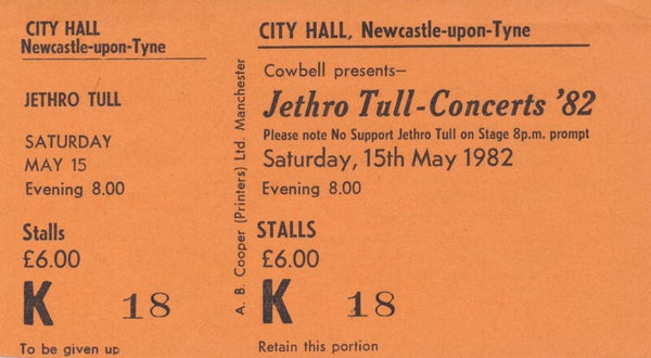 Jethro Tull - City Hall, Newcastle-upon-Tyne, May 15, 1982 [UK] - Ticket Stub
