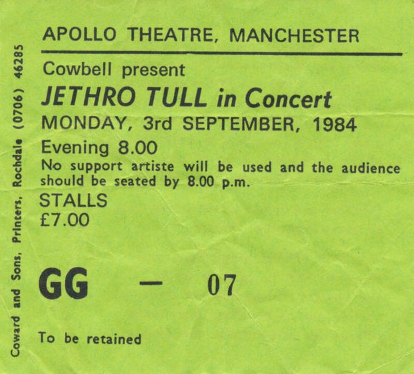 Jethro Tull - Apollo Theatre, Manchester, September 3, 1984 [UK] - Ticket Stub