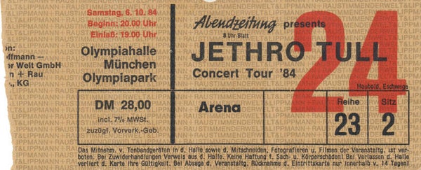 Jethro Tull - Olympiahalle, Munich, October 6, 1984 [Germany] - Ticket Stub