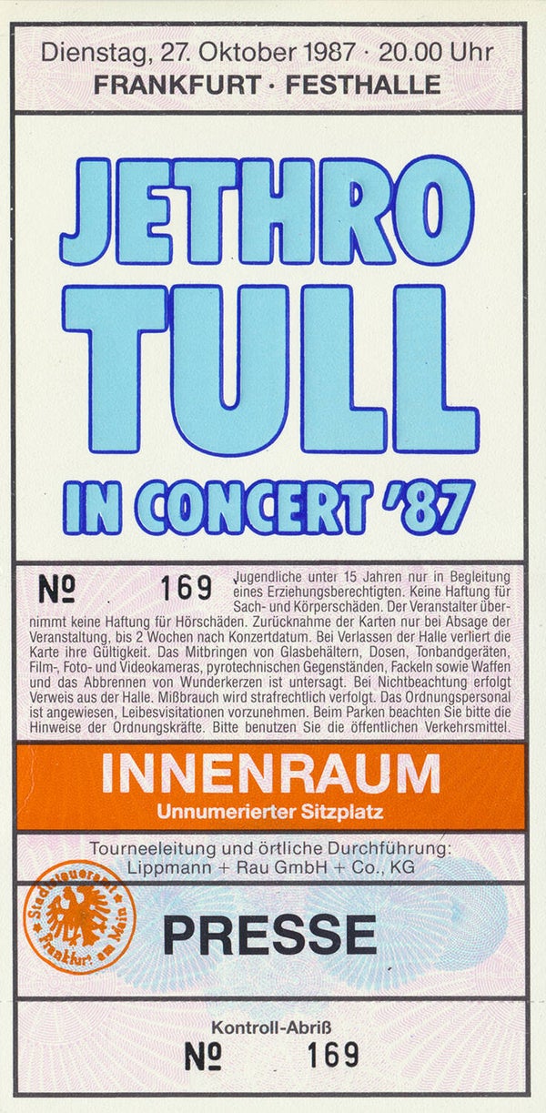 Jethro Tull - Festhalle, Frankfurt, October 27, 1987 [Germany] - Press Ticket