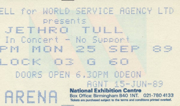Jethro Tull - National Exhibition Centre, Birmingham, September 25, 1989 [UK] - Ticket Stub