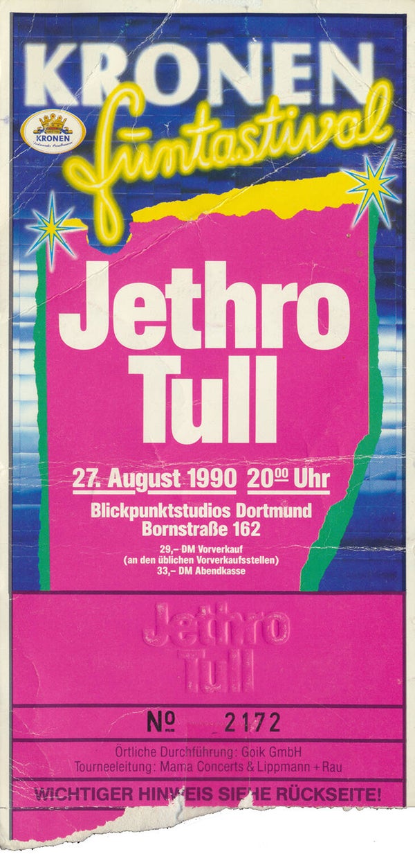 Jethro Tull - Blickpuntstudios, Dortmund, August 27, 1990 [Germany] - Ticket Stub