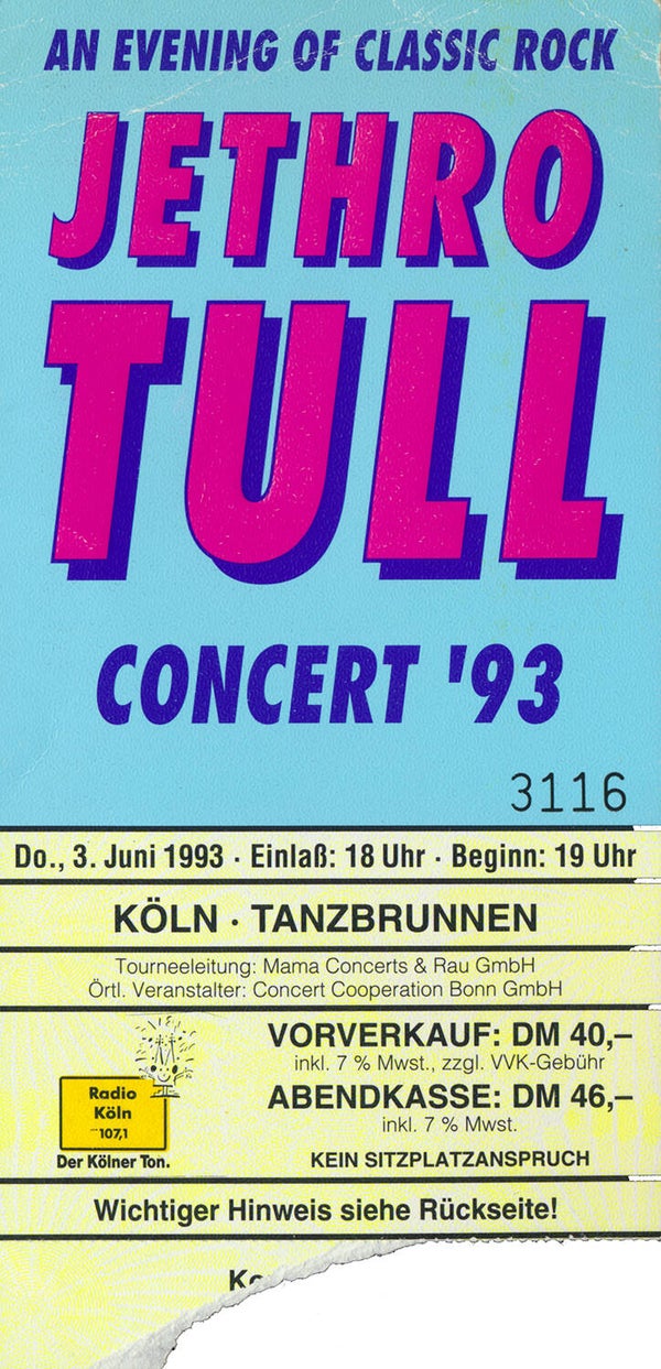 Jethro Tull - Tanzbrunnen, Cologne, June 3, 1993 [Germany] - Ticket Stub