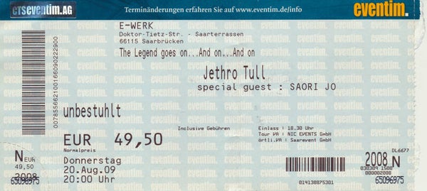 Jethro Tull - E-Werk, Cologne, August 20, 2009 [Germany] - Ticket Stub