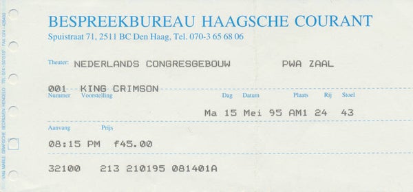 King Crimson - Nederlands Congresgebouw, The Hague, May 15, 1995 [Holland] - Ticket Stub