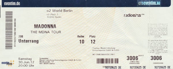 Madonna - O2 World, Berlin, June 30, 2012 [Germany] - Ticket Stub