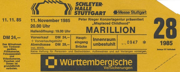 Marillion - Schleyer-Halle, Stuttgart, November 11, 1985 [Germany] - Ticket Stub