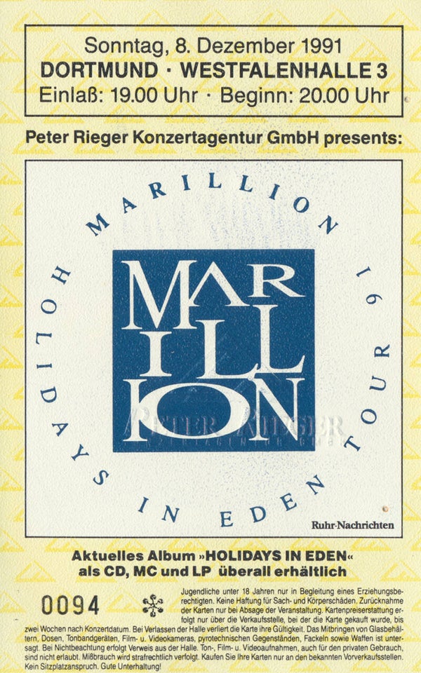 Marillion - Westfalenhalle, Dortmund, December 8, 1991 [Germany] - Ticket Stub