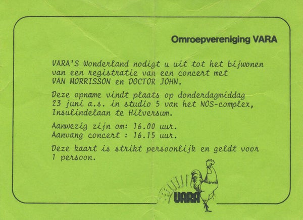 Van Morrison - Dr. John - VARA's Wonderland, Hilversum, June 23, 1977 [Holland] - Invitation Ticket