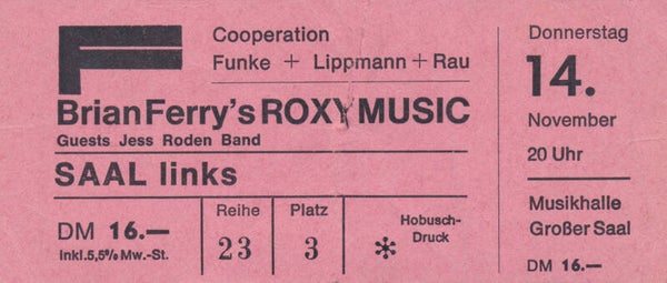 Roxy Music - Musikhalle, Hamburg, November 14, 1974 [Germany] - Ticket Stub
