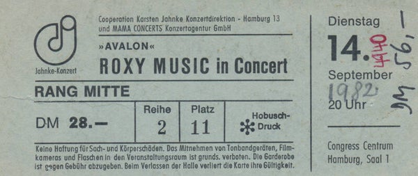 Roxy Music - Musikhalle, Hamburg, September 14, 1982 [Germany] - Ticket Stub