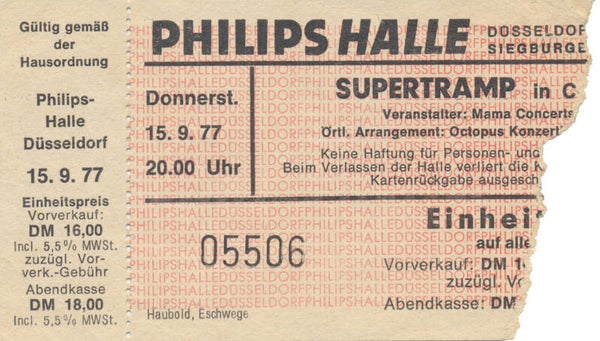 Supertramp - Philips Halle, Düsseldorf, September 15, 1977 [Germany] - Ticket Stub