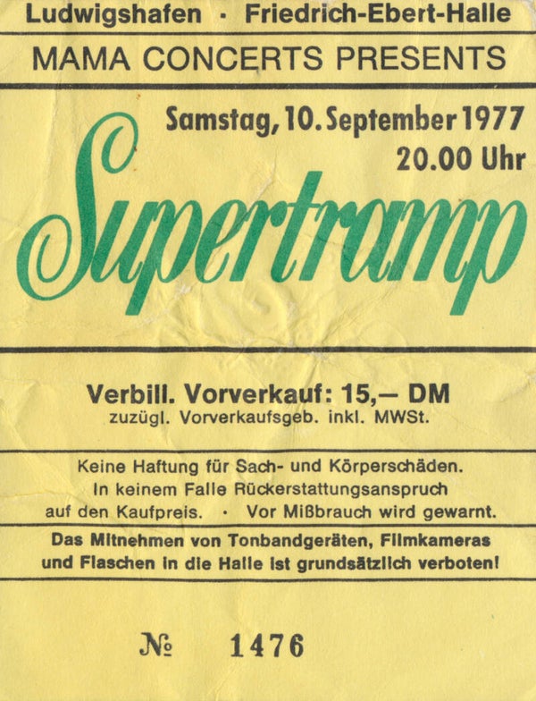 Supertramp - Friedrich-Ebert-Halle, Ludwigshafen, September 10, 1977 [Germany] - Ticket Stub