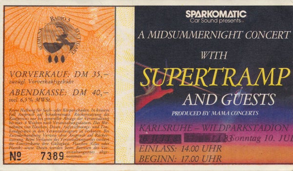 Supertramp - Wildparkstadion, Karlsruhe, July 10, 1983 [Germany] - Ticket Stub
