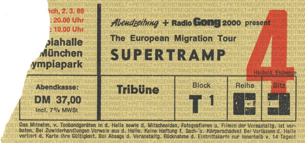 Supertramp - Olympiahalle, Munich, March 3, 1988 [Germany] - Ticket Stub