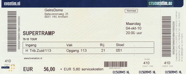Supertramp - GelreDome, Arnhem, October 4, 2010 [Holland] - Ticket Stub