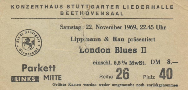 Ten Years After - Chicken Shack - London Blues II - Beethovensaal, Konzerthaus Stuttgarter Liederhalle, Stuttgart, November 22, 1969 [Germany] - Ticket Stub