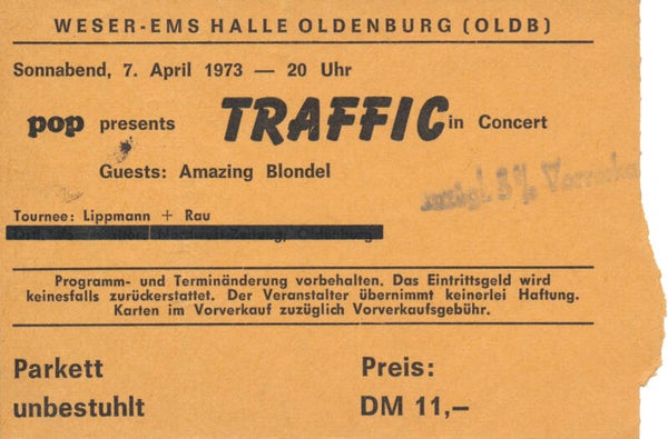 Traffic - Amazing Blondel - Weser-Ems Halle, Oldenburg, April 7, 1973 [Germany] - Ticket Stub