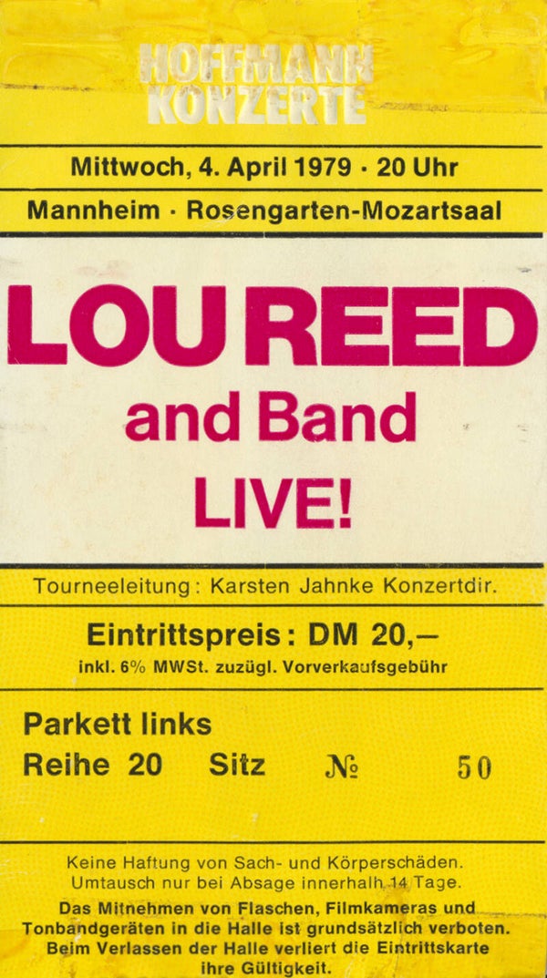 Lou Reed - Rosengarten-Mozartsaal, Mannheim, April 4, 1979 [Germany] - Ticket Stub