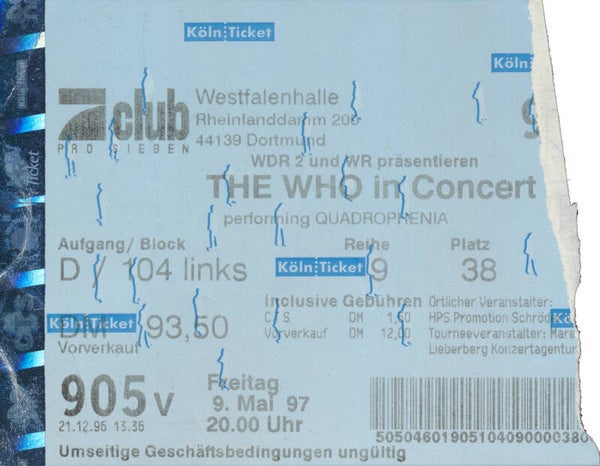 The Who - Westfalenhalle, Dortmund, May 9, 1997 [Germany] - Ticket Stub