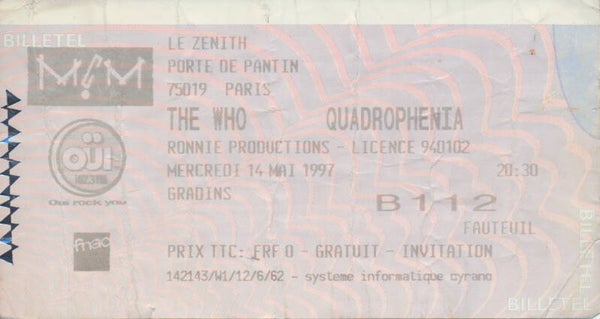 The Who - Le Zenith, Paris, May 14, 1997 [France] - Invitation Ticket