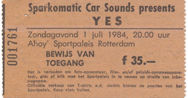 Yes - Sportpaleis Ahoy', Rotterdam, July 1, 1984 [Holland] - Ticket Stub