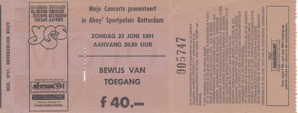 Yes - Sportpaleis Ahoy', Rotterdam, June 23, 1991 [Holland] - Ticket Stub