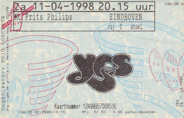 Yes - MC Frits Philips, Eindhoven, April 11, 1998 [Holland] - Ticket Stub