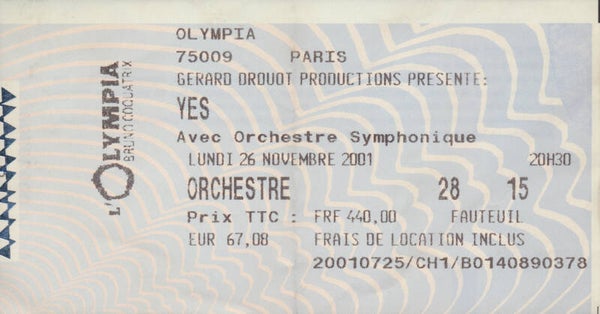 Yes - Olympia, Paris, November 26, 2001 [France] - Ticket Stub