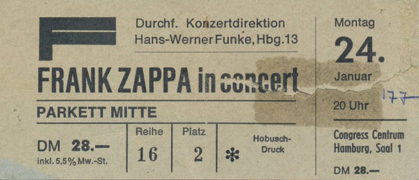 Frank Zappa - Congress Centrum, Hamburg, January 24, 1977 [Germany] - Ticket Stub